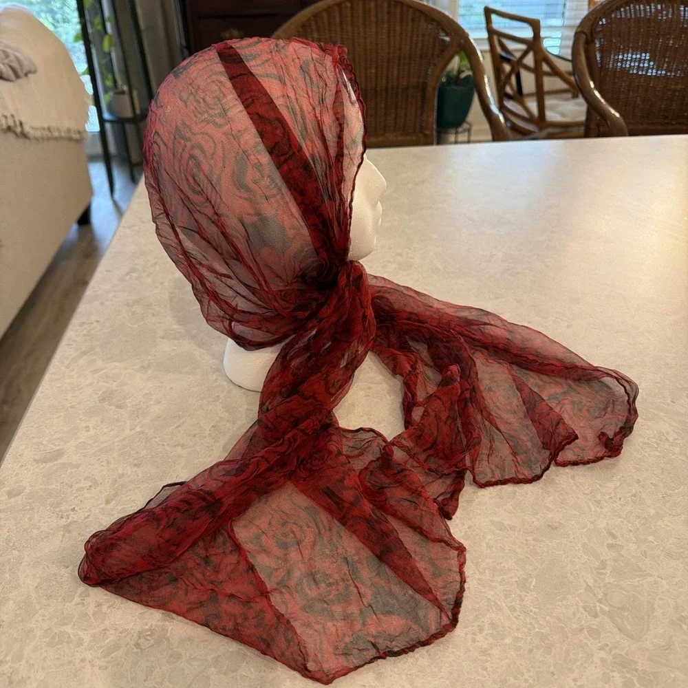 100% Silk Women's Scarf Black And Red Print Vintage